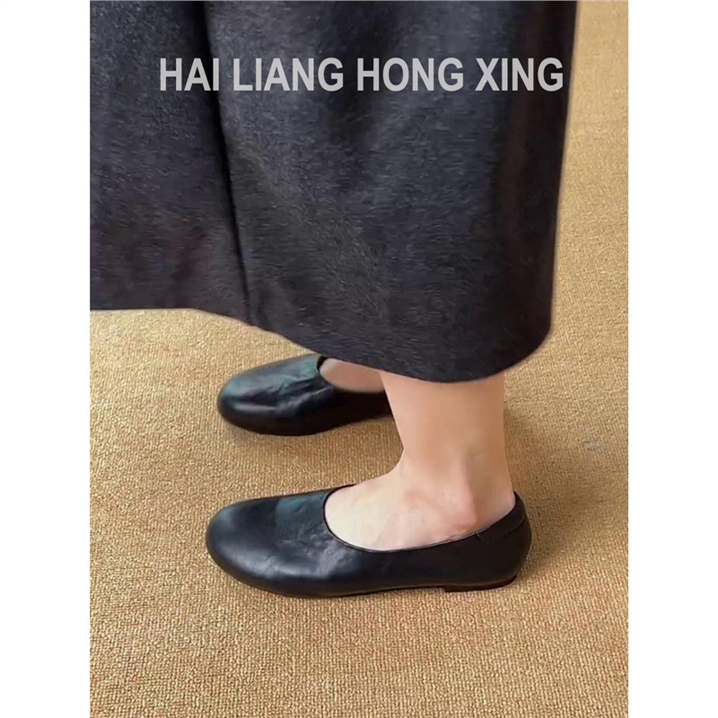 羊皮版~法式平底单鞋女2025新款一脚蹬圆头浅口奶奶鞋百搭小皮鞋|undefined