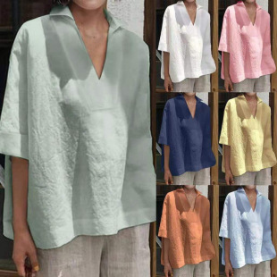 Spring and Summer European and American Cross-Border Collar Cotton and Linen Versatile Pure Color Large Size Loose Mid-Sleeve Women's Shirt