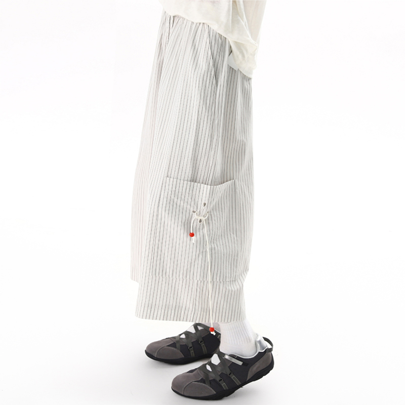 Japanese-Style Cherry Bead Vertical Stripe Cropped Pants for Women, Summer Loose Wide-Leg Pants, Retro College Style Casual Shorts