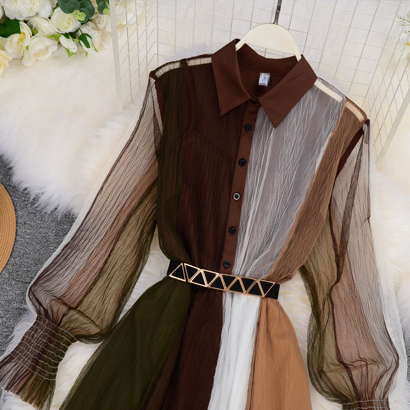 Abbigliamento da donna, abito con giunture in rete alla moda, risvolto, temperamento snellente, riduzione dell'età, gonna lunga a contrasto di colore_voghion.com