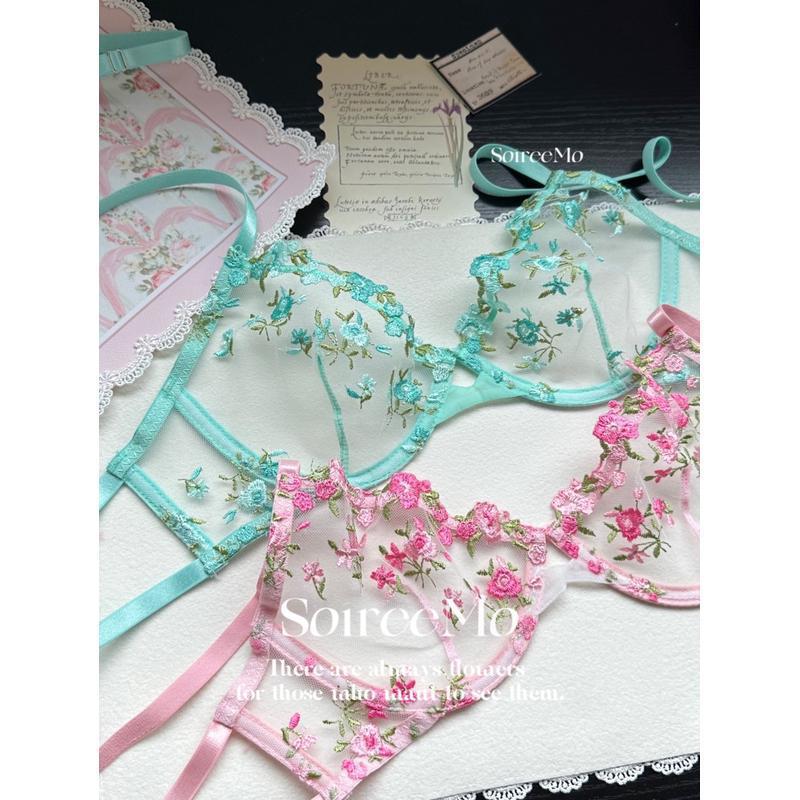 Verano super hermoso bordado dulce sexy malla sujetador conjunto de flores frescas de la niña pura ropa interior de la mujer