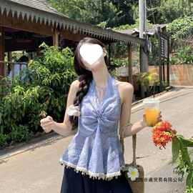 夏季新款韩系重工气质V领钉珠2026扭结短款小个子吊带背心上衣