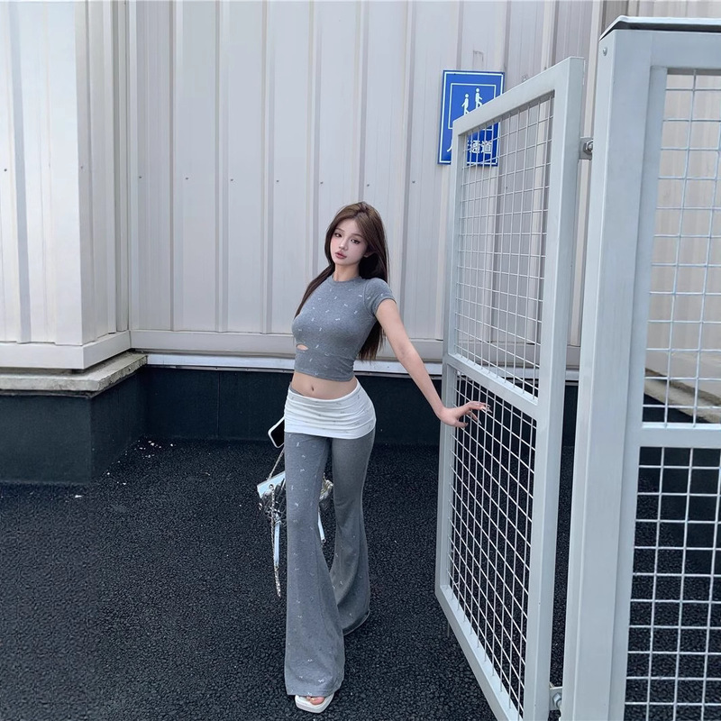 Bow-Knot Cut Out Sexy Short-Sleeved T-Shirt Women's Summer Design Suit Contrasting Color Micro-Flared Casual Pants Two-Piece Set Bow-Knot Cut Out Sexy Short-Sleeved T-Shirt Women's Summer Design Suit Contrasting Color Micro-Flared Casual Pants Two-Piece Set