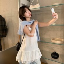 i miss韩系叠穿棉麻蕾丝吊带连衣裙女2026春季荷叶边气质显瘦短裙