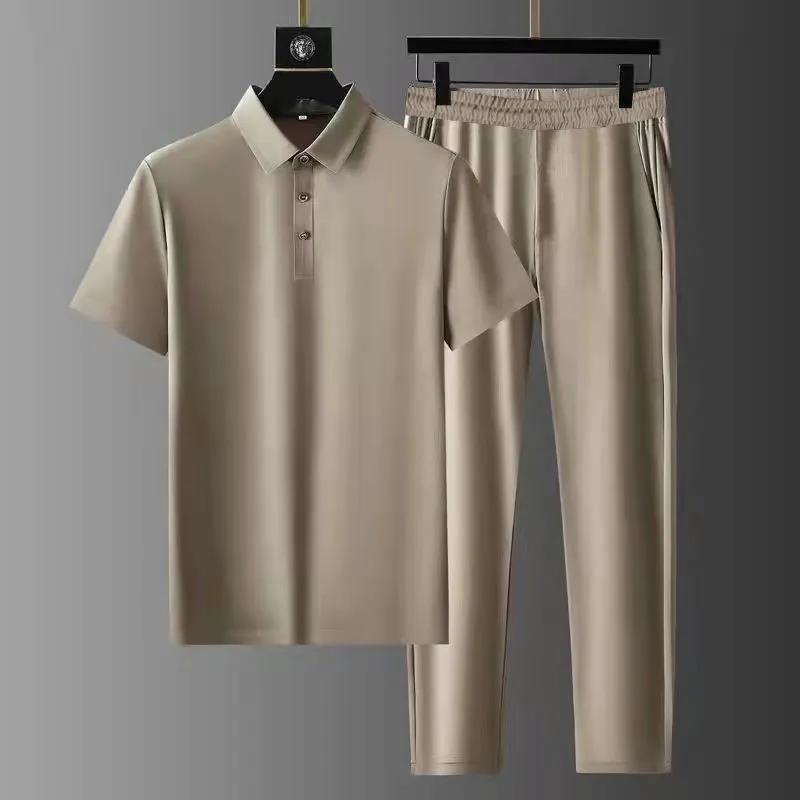 Amazon polo collar suit elastic ultra-thin quick-drying ice silk short sleeve two-piece set high-end men's lapel suit