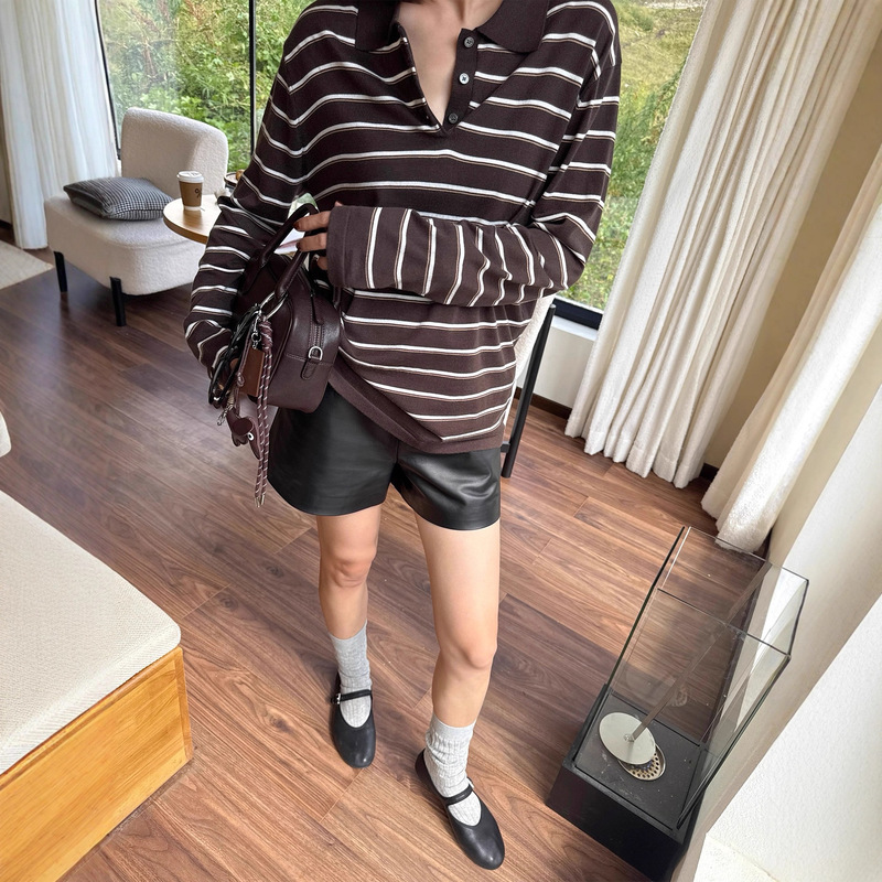Retro Contrast Color Pinstripes Versatile Silk Cashmere Loose Polo Collar Retro Contrast Color Pinstripes Versatile Silk Cashmere Loose Polo Collar