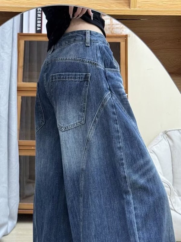 美式水洗弯刀牛仔裤女2025秋季新款高腰宽松显瘦垂感直筒镰刀裤子|undefined