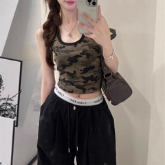 美式复古u领迷彩吊带背心女夏季设计感外穿内搭显瘦辣妹短款上衣