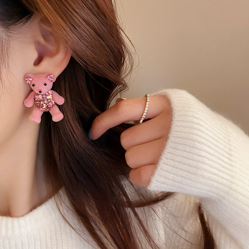 fashion inlaid rhinestone flocking bear cartoon cute pink earrings necklace