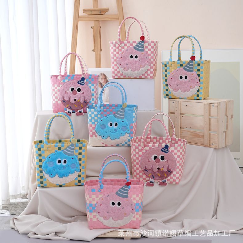 Dopamine-Colored Cartoon Plastic Woven Bag, Large Capacity Tote Basket, Picnic Bag, Children's Holiday Gift Woven Bag Dopamine-Colored Cartoon Plastic Woven Bag, Large Capacity Tote Basket, Picnic Bag, Children's Holiday Gift Woven Bag