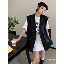 欧货皮马甲中长款春秋薄款女外穿洋气上档次皮衣西装拼接马夹