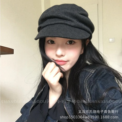 黑色鸭舌帽子女秋冬新款复古文艺褶皱报童帽韩系百搭显脸小马术帽