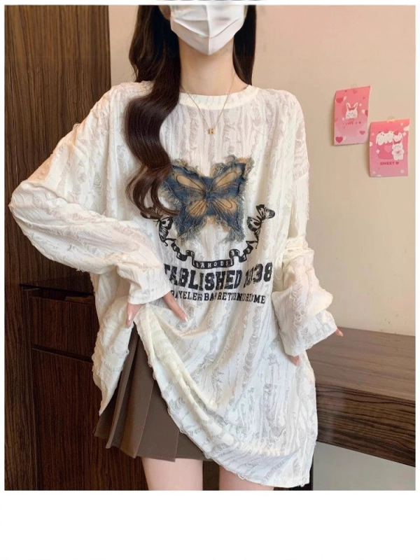 【自家工厂现货】蝴蝶长袖T恤女宽松慵懒废土风纯欲辣妹露肩上衣|undefined