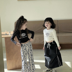 Yuyu Princess Girls' Spicy T-shirt, Baby Autumn Korean Ins Letter Short Sleeve Belted Dance Top