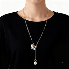 轻奢饰品批发复古法式灰白珍珠拉豆可调节项链毛衣链一件代发混批