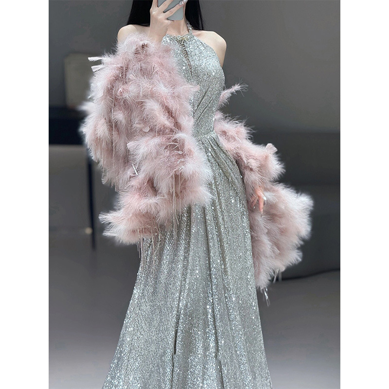 2026 nuevo estilo ligero lujoso pluma rosa chaleco vestido de fiesta de sequillas