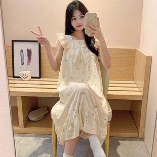 Cloud Cotton Nightgown for Women Summer Sleeveless Cute Loose Women's Pajamas Small Flying Sleeves Pregnant Women Thin Home Clothes Summer