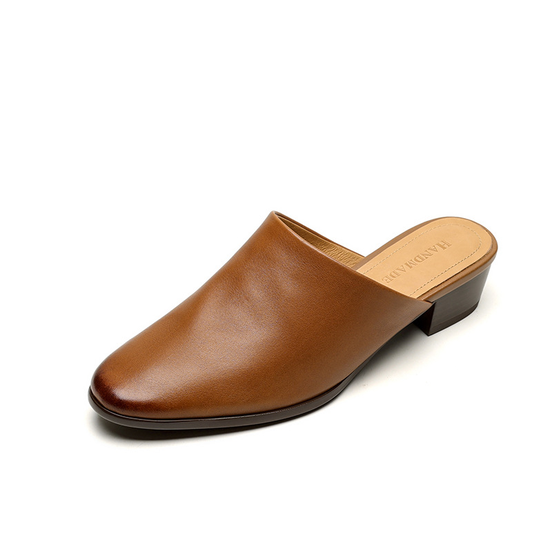 Giày mule nữ mũi tròn da bò thật đế bệt phong cách đơn giản — đen