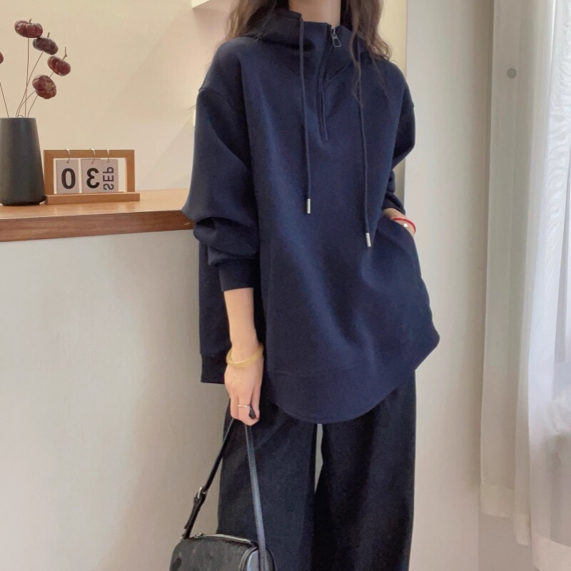 抽绳连帽半拉链卫衣外套女款秋冬大码胖mm宽松慵懒风韩系正肩上衣|undefined