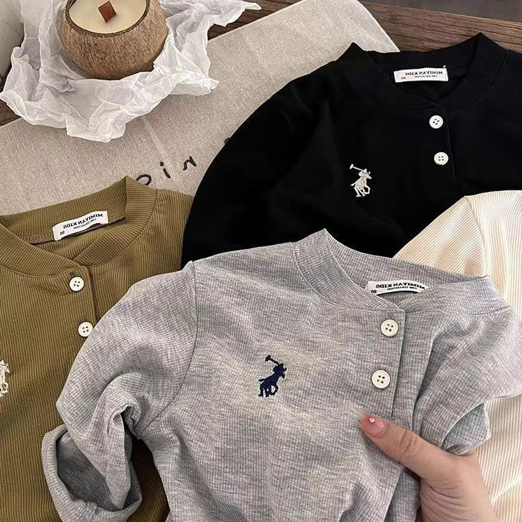 Boys and girls spring and autumn long sleeve polo collar T-shirt 2024 new baby autumn Korean solid color leaf base shirt Boys and girls spring and autumn long sleeve polo collar T-shirt 2024 new baby autumn Korean solid color leaf base shirt