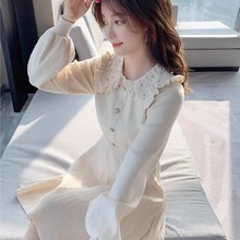 娃娃领针织连衣裙女灯笼袖2025年秋冬季新款小个子减龄打底毛衣裙