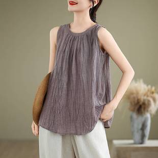 2025 New Summer Retro Pleated Ramie Loose Vest Cotton and Linen Women's Style Sleeveless Outer Top T-Shirt