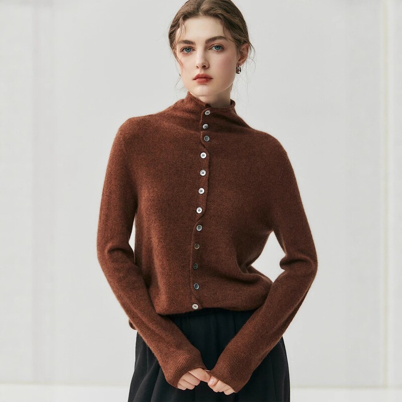 Autumn and Winter Reversible Rolled-Edge Cashmere Cardigan for Women, High-Neck Knit Sweater with Buttons, Loose-Fitting Base Sweater Jacket Top Autumn and Winter Reversible Rolled-Edge Cashmere Cardigan for Women, High-Neck Knit Sweater with Buttons, Loose-Fitting Base Sweater Jacket Top