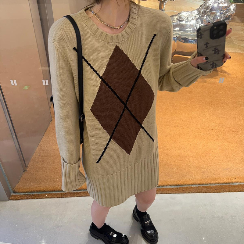 Mermaid_Pooh Color Sweater Women's Autumn Rhomboid Long Sleeve Loose Short Crewneck Soft Waxy Jacket