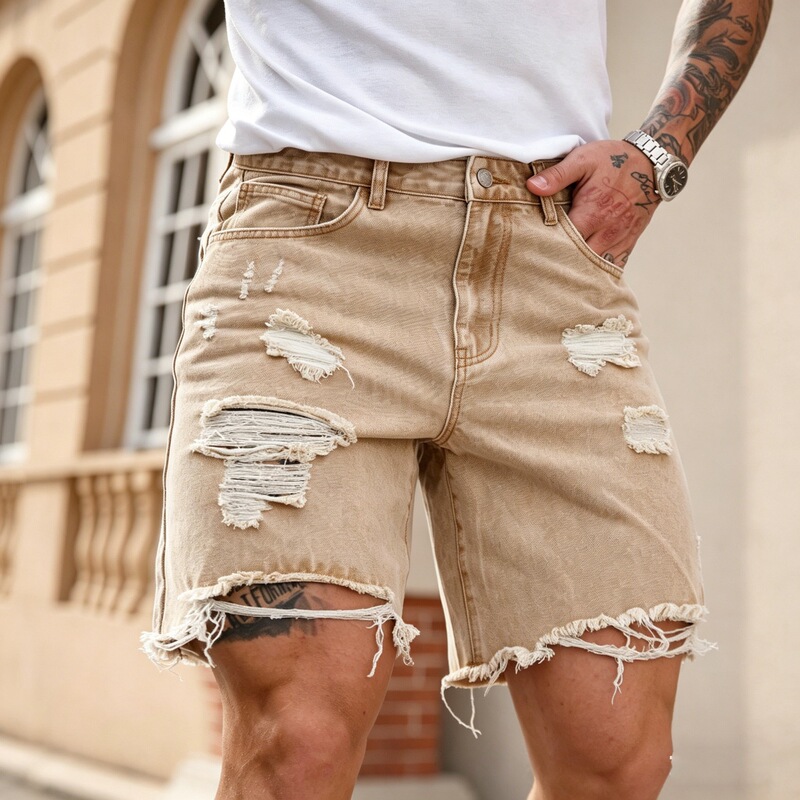 Cross-border khaki coffee-colored denim shorts for men, wide-leg, loose-fitting, ripped, bleached, European and American style trendy shorts Cross-border khaki coffee-colored denim shorts for men, wide-leg, loose-fitting, ripped, bleached, European and American style trendy shorts