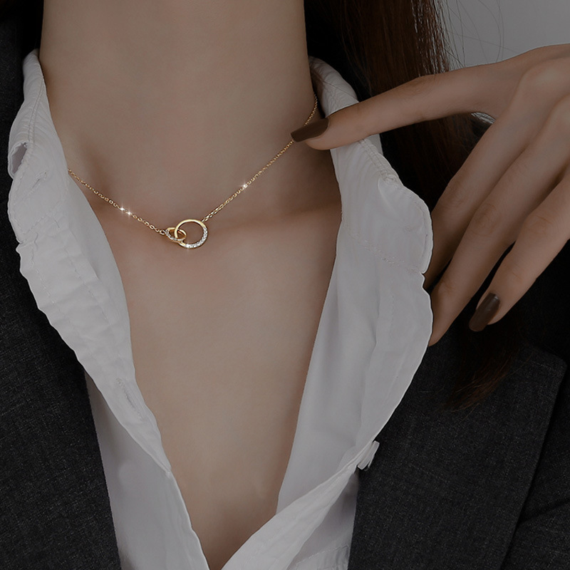 日韩跨境新款金属合金双圆形项链感气质轻奢锁骨链饰品女