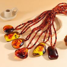 血丝虫珀原石项链仿血珀蜜蜡长款琥珀水滴带云纹无事牌毛衣项链