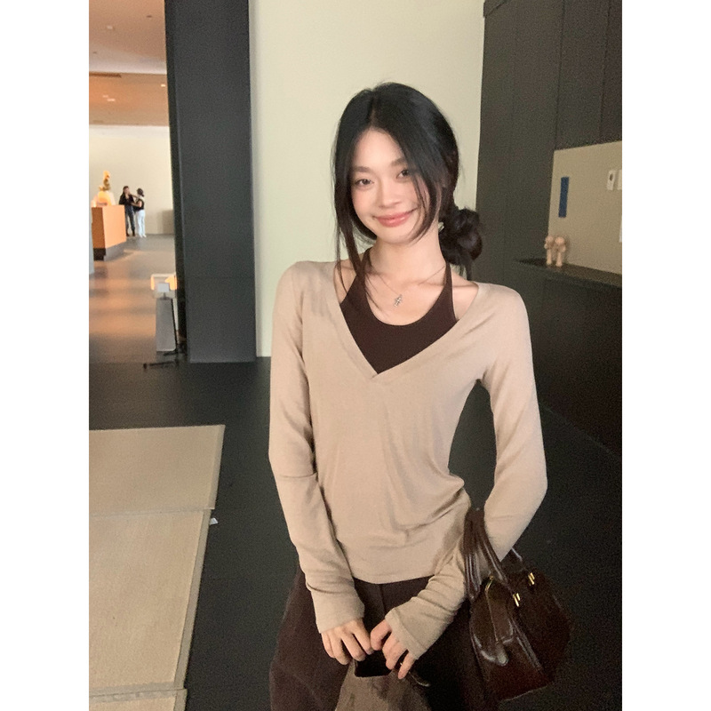 韩系挂脖假两件长袖T恤女秋季2025超好看内搭打底衫小上衣|undefined