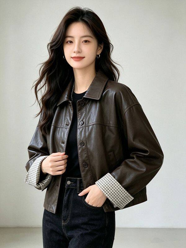 Áo khoác da PU nữ dáng ngắn cổ bẻ, phong cách Hàn Quốc, thời trang casual, dáng rộng, dễ phối đồ, retro, mùa thu — Màu nâu cà phê, màu đen chi tiết 13