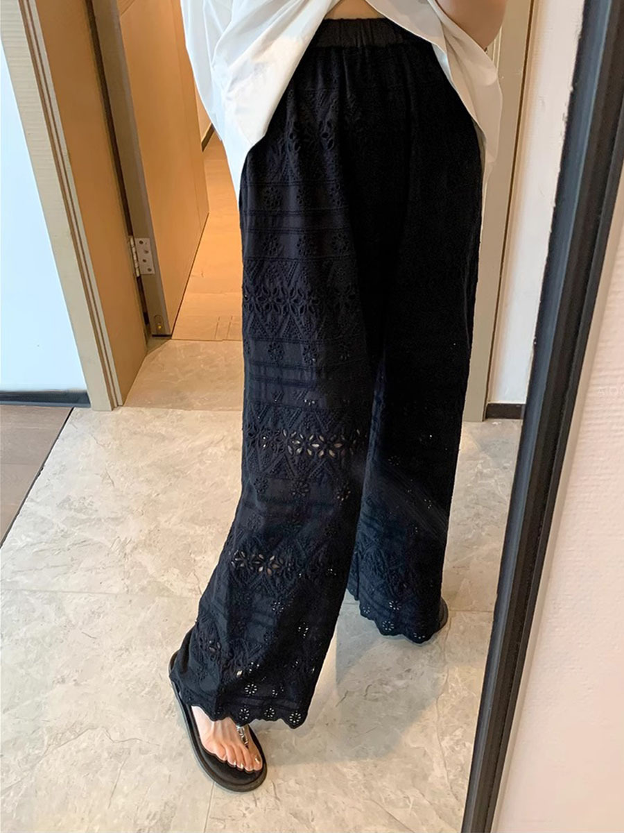 블랙 레이스 자수 바지