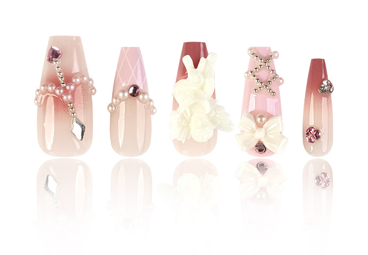 Cute, French Style, Sweet Style Cute French Style Sweet Plaid Heart Shape Bow Knot ABS Press-on Nails 1 Set