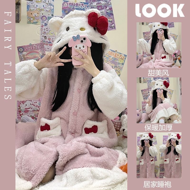 Special offer!! Cute kitten padded coral fleece pajamas for women 2024 new autumn and winter flannel nightgown