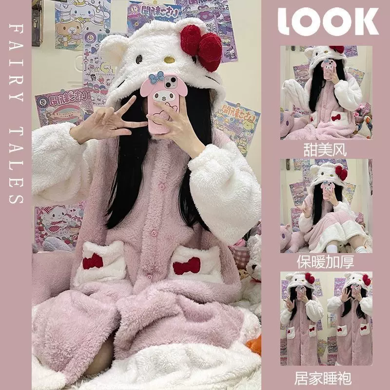 特价！！可爱小猫咪加厚珊瑚绒睡衣女2024年新款秋冬季法兰绒睡袍