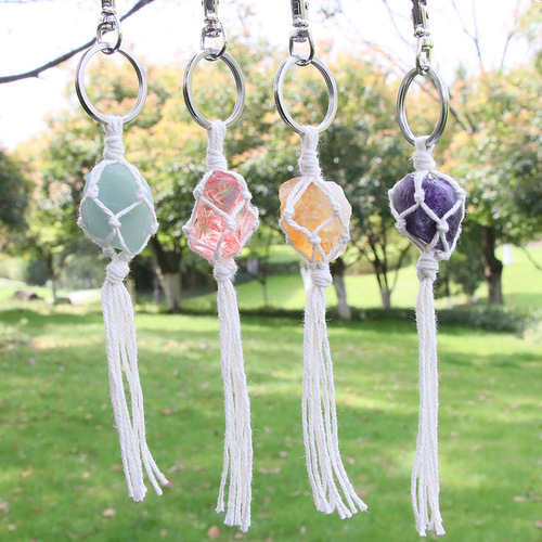 Natural Amethyst Crystal Powder Crystal Hand-Hammered Original Stone Keychain Pendant Set, Can Be Freely Combined DIY Hand-Woven Hanging Ornament