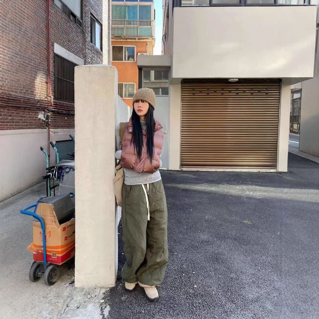 한국 XIAOZHONG YU SHUXIN 스타일 캐주얼 올매치 두꺼운 따뜻한 퀼트 면 바지