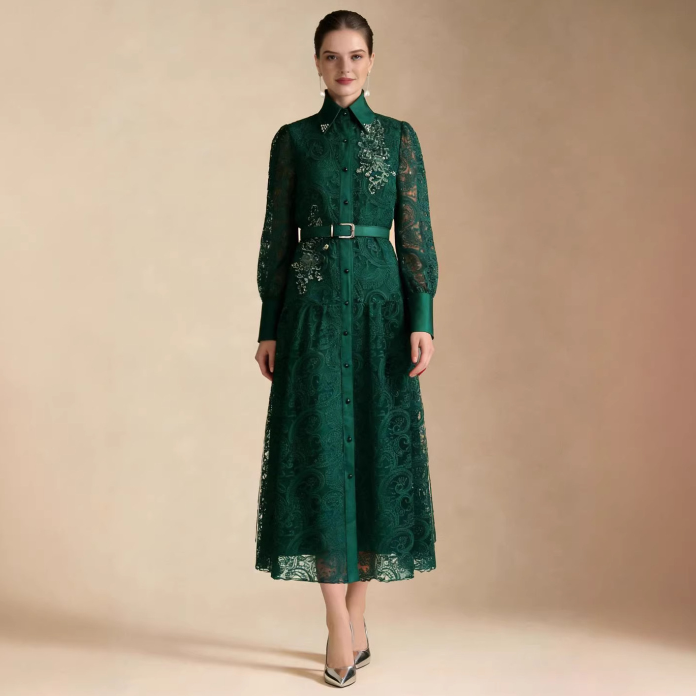 Đầm maxi nữ thêu ren đính cườm tay dài thắt eo dáng xòe — màu đen, màu xanh đậm, Màu hồng, màu mơ