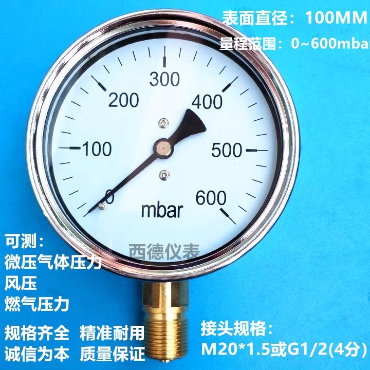 100MM直立式0－600mbar压力表 毫巴压力表 毫巴气压表 燃气压力表