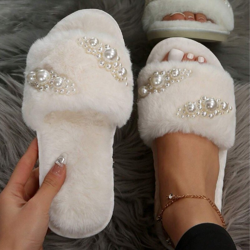 Shein Same Style Pearl-Decorated Plush Slippers Women's Open-Toe Home Slippers Cross-Border Temu Amazon