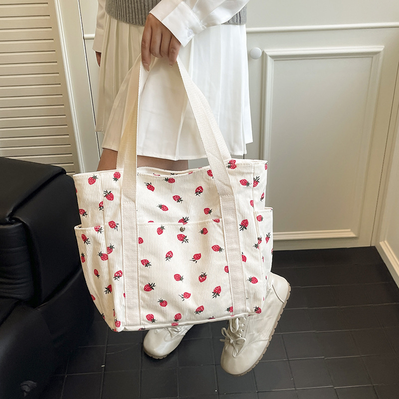 Wholesale Strawberry Corduroy Tote Bag New Large Capacity Casual Printed Underarm Bag Fashion Travel Commuting Bag Wholesale Strawberry Corduroy Tote Bag New Large Capacity Casual Printed Underarm Bag Fashion Travel Commuting Bag
