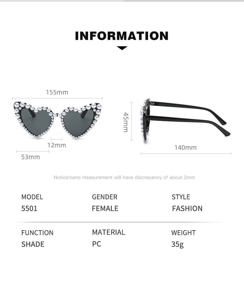 Outdoor, Travel Occasion Sweet Heart Shape PC UV400 Protection Heart Shape Pearl Frameless Women's Sunglasses