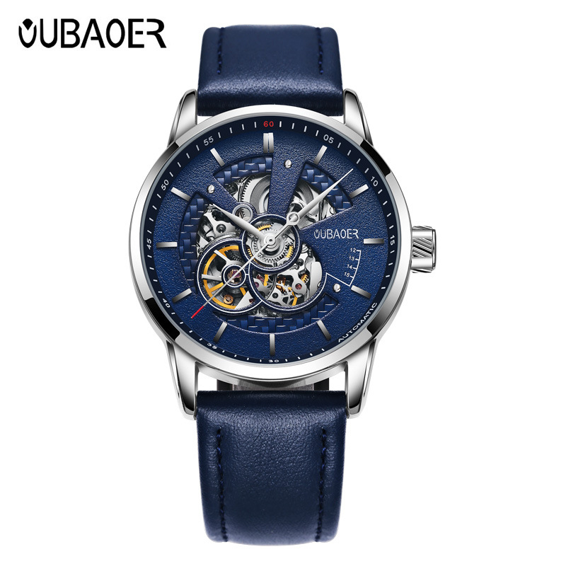 OUBAOER brand mechanical hollowed out waterproof leather watch with lare dial, fashionable and trendy watch, hot_voghion.com