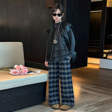 女童春秋款皮马甲套装2025新款大童韩系穿搭女孩打底格子裤三件套
