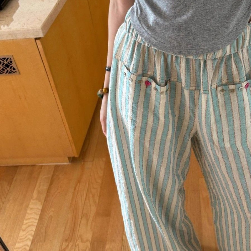 Small Cotton Wrinkled Casual Striped Pants Women's Spring and Summer Thin New High Waist Dape Loose Yamamoto Straight Leg Pants