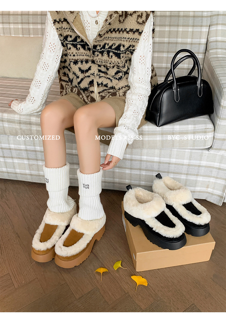 Boot tuyết nữ da cừu một mảnh gót cao lót lông dày giữ ấm — màu nâu chi tiết 21