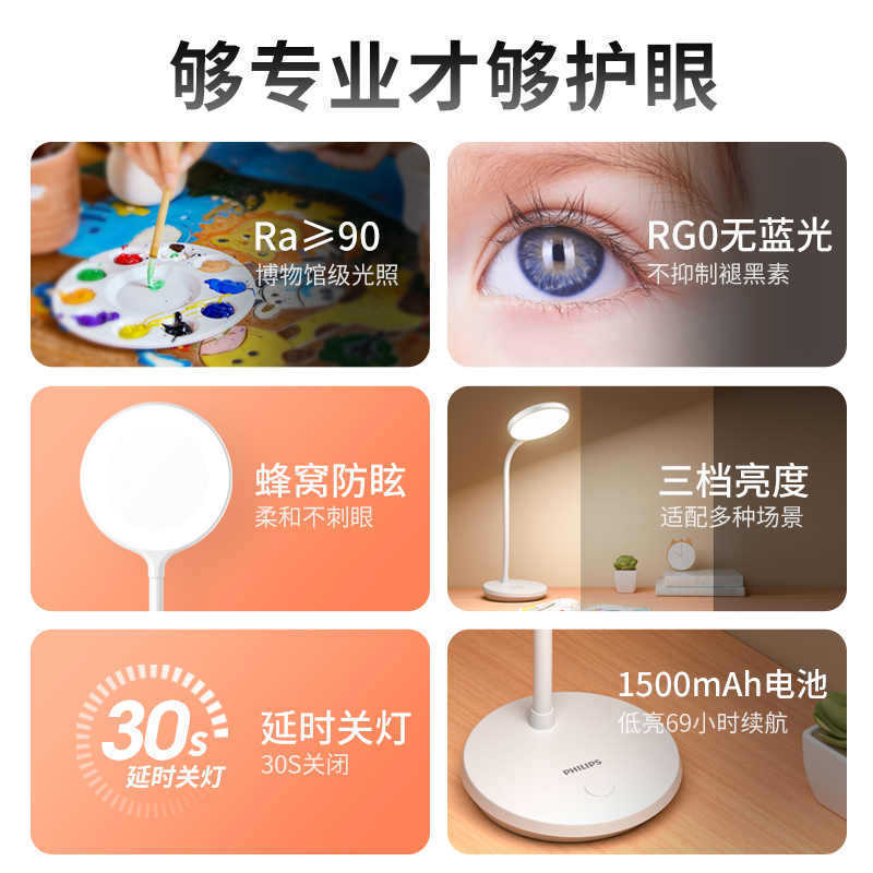 フィリップス充電式デスクランプ LED 学習特別な目の保護寮学生ベッドサイドランプデスク子供読書寝室|undefined