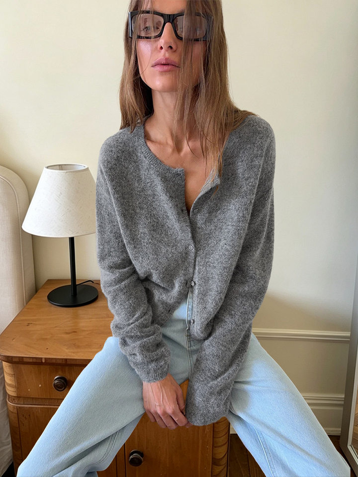 Áo cardigan len nữ cổ tròn dáng rộng cài khuy một hàng, dài tay, phong cách thanh lịch — Màu trắng, Xanh bạc hà, màu xám chi tiết 18